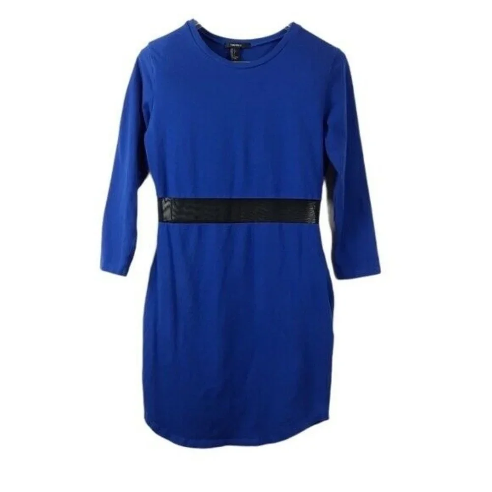Forever 21 Blue Long Sleeve Black Mesh Panel Stretch Bodycon Mini Dress L